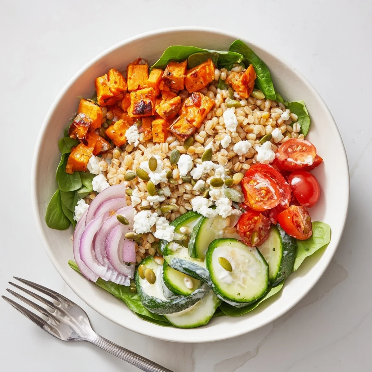 Veggie Loaded Barley Bowl mit geröstetem Gemüse und cremigem Zitronen-Tahini-Dressing.