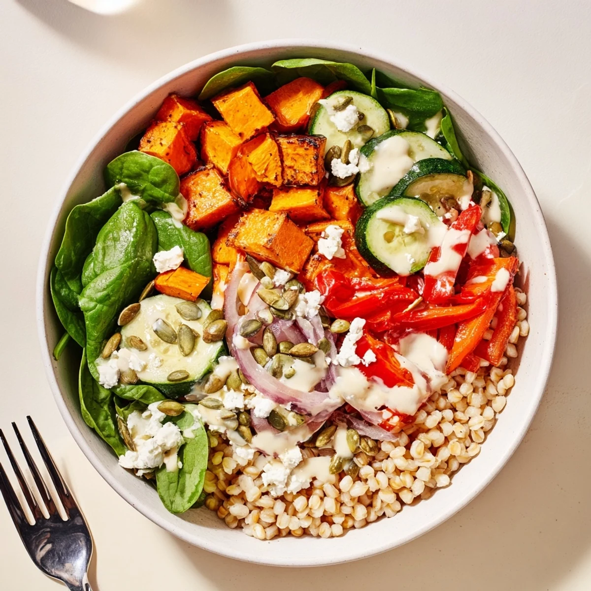 Bunte Veggie Loaded Barley Bowl voller zarter Gerste und frischem Grün.