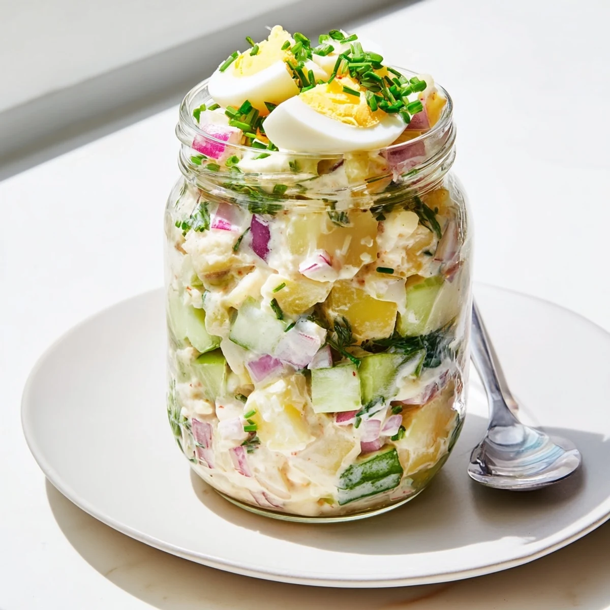 Schichten von cremigen Dressing und knackigem Gemüse im Kartoffelsalat-Glas.